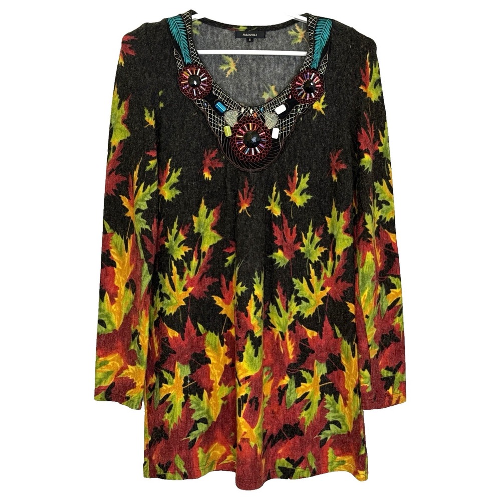 Radzoli Dress Womens Size Small Black Leaf Print Embellished Art to‎ Wear V-Neck
